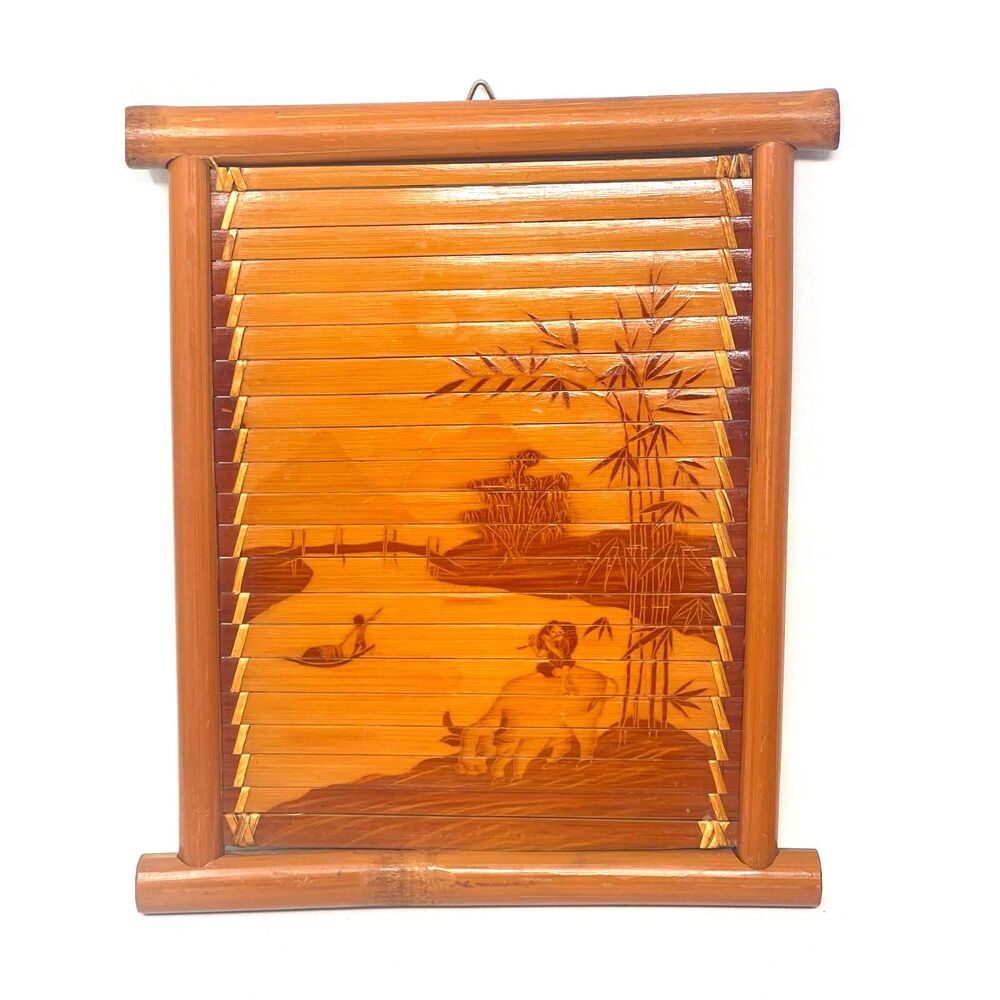Vtg Vietnam Smoked Bamboo Wall Hanging Xuan Lai Buffalo Flute Scene 8x10 Signed